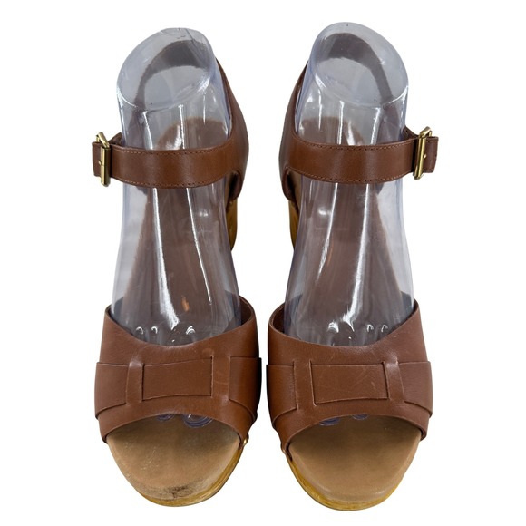 UGG Brown Leather Heeled Sandals Wooden Clogs Buckle Accents Women's 9 Retro - Picture 2 of 9
